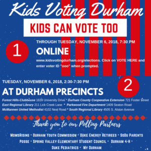 Cover photo for Our Kids Voting Durham Program Invites Kids K-12 to Vote Online and in Person