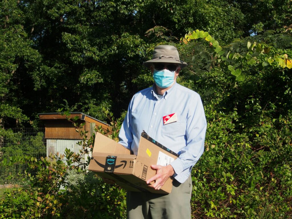 Volunteer holding box of vegetables