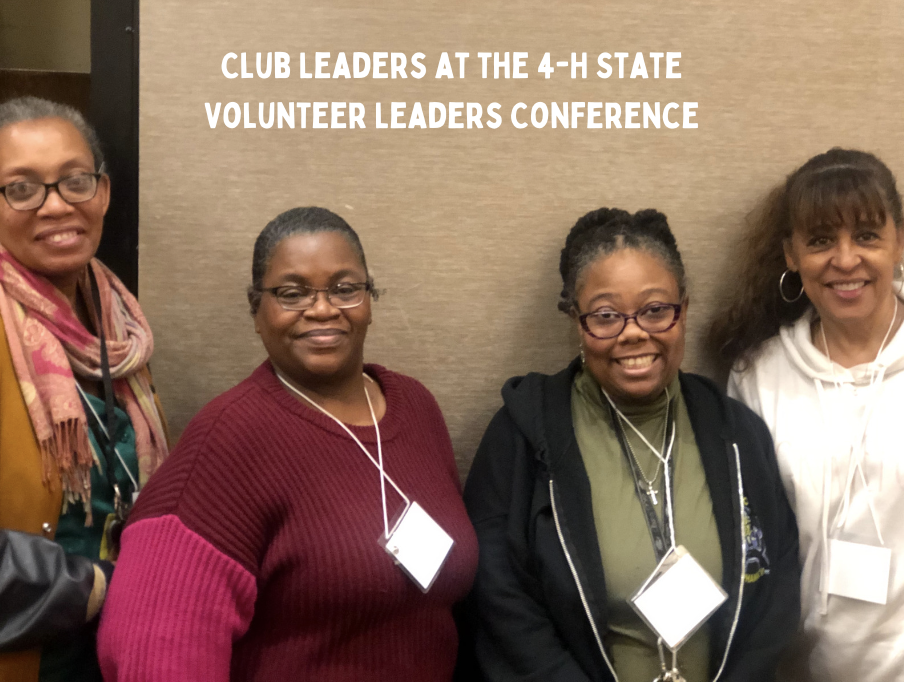 Four women stand under text that says Club Leaders at the 4-H State Volunteer leaders Conference.