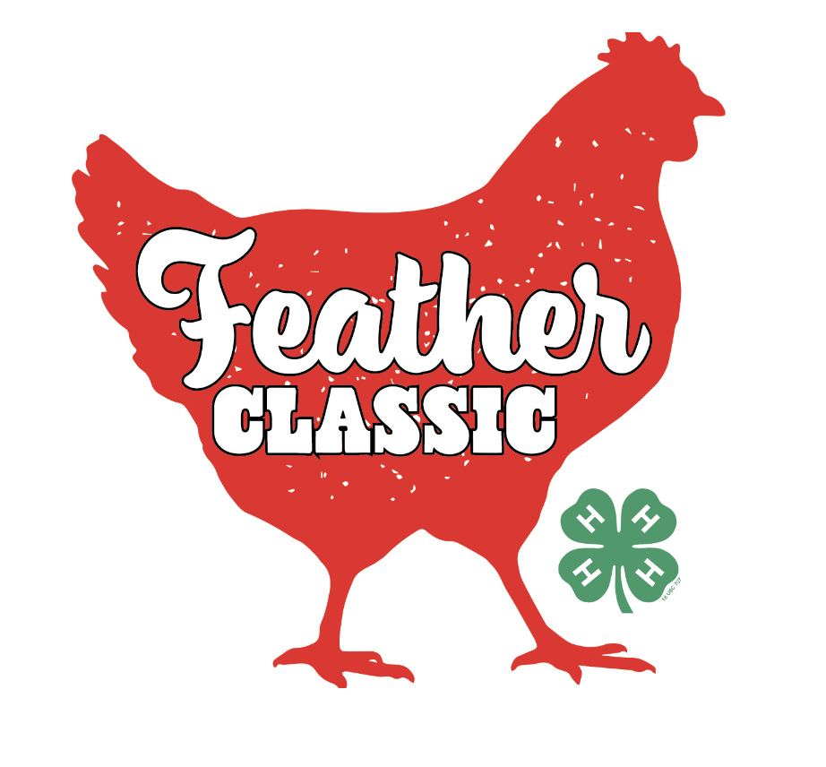 Feather classic logo-text over red chicken outline with 4-H Clover