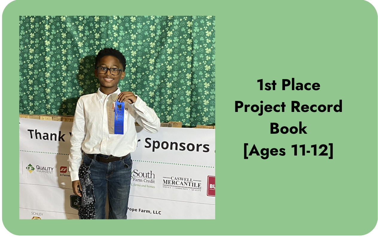 Winner poses with blue ribbon- 1st place project record book (ages 11-12) 